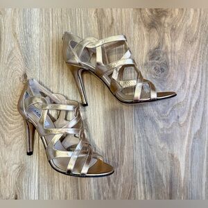 L.K. Bennett Metallic Gold Strappy Zip-Back Heels EUC Size 38